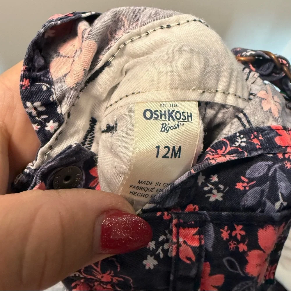 Oshkosh B'Gosh Girls Navy‎ Blue Pink Floral Overall Denim 12 Months